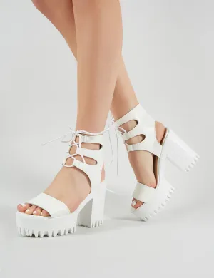 Hailey Lace Up Chunky Heels in White PU