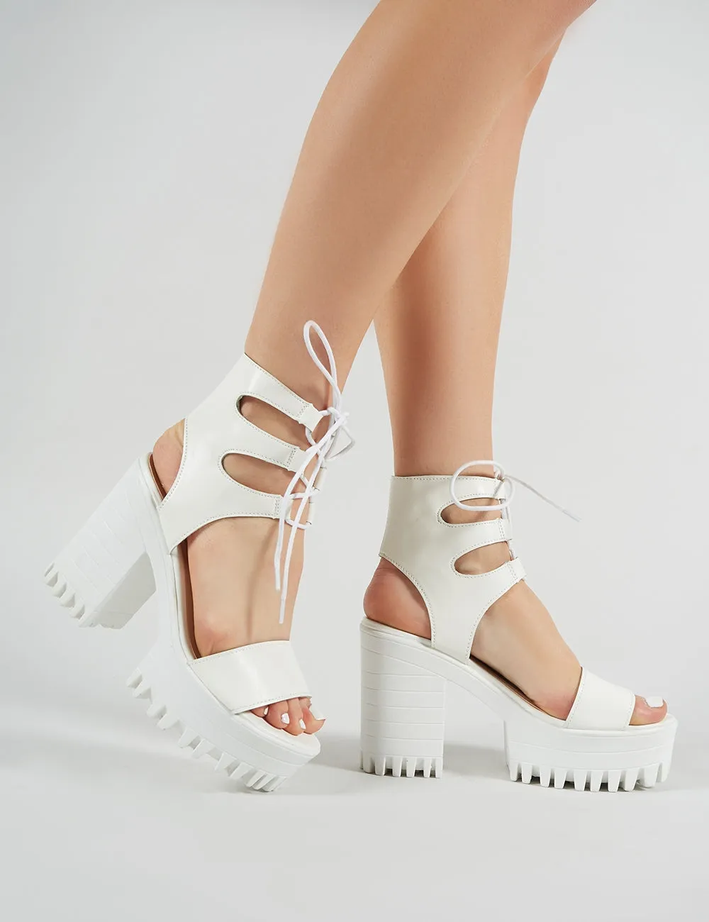 Hailey Lace Up Chunky Heels in White PU