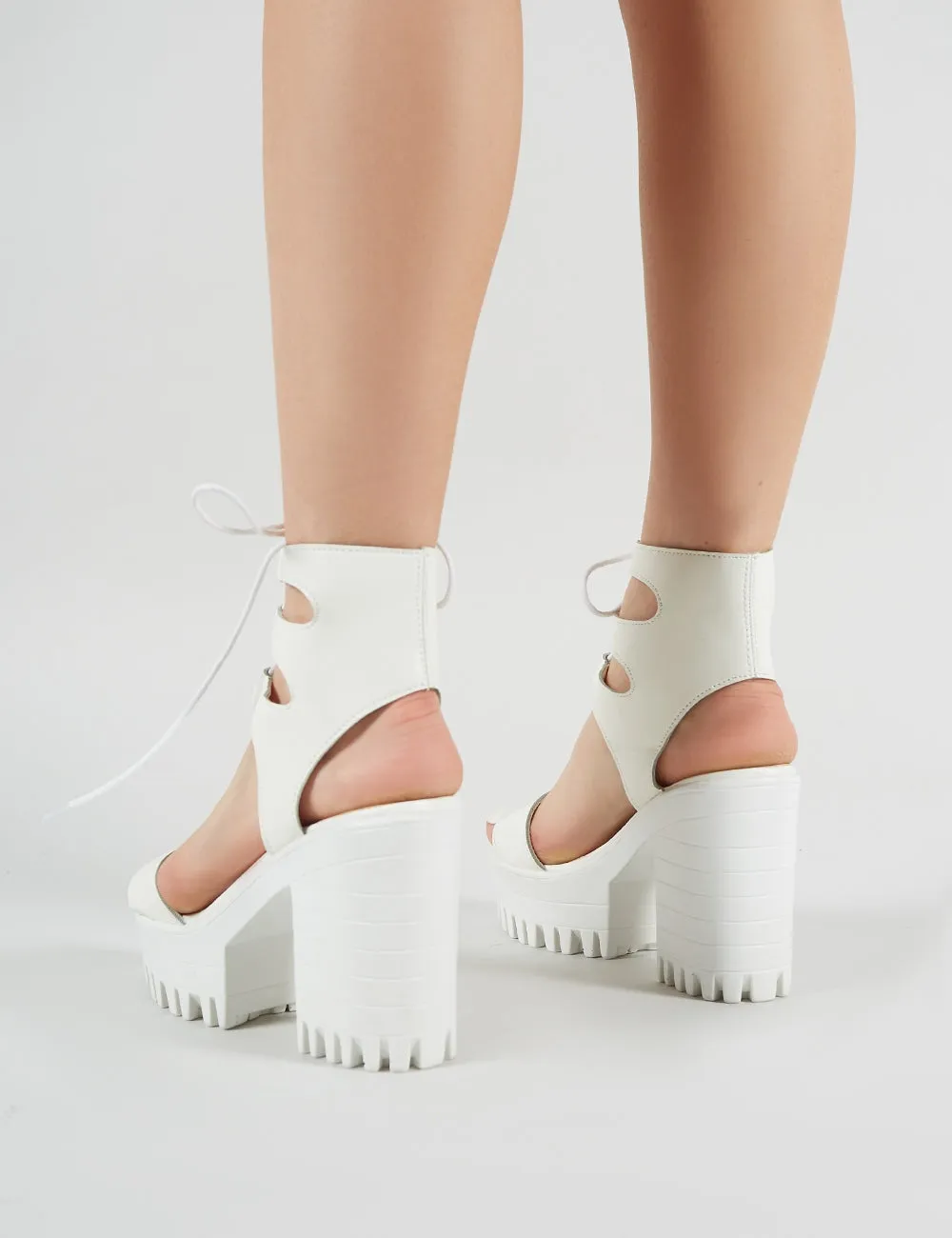 Hailey Lace Up Chunky Heels in White PU