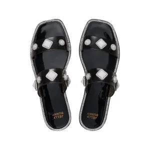 Helen Crystal Flat Sandals Black