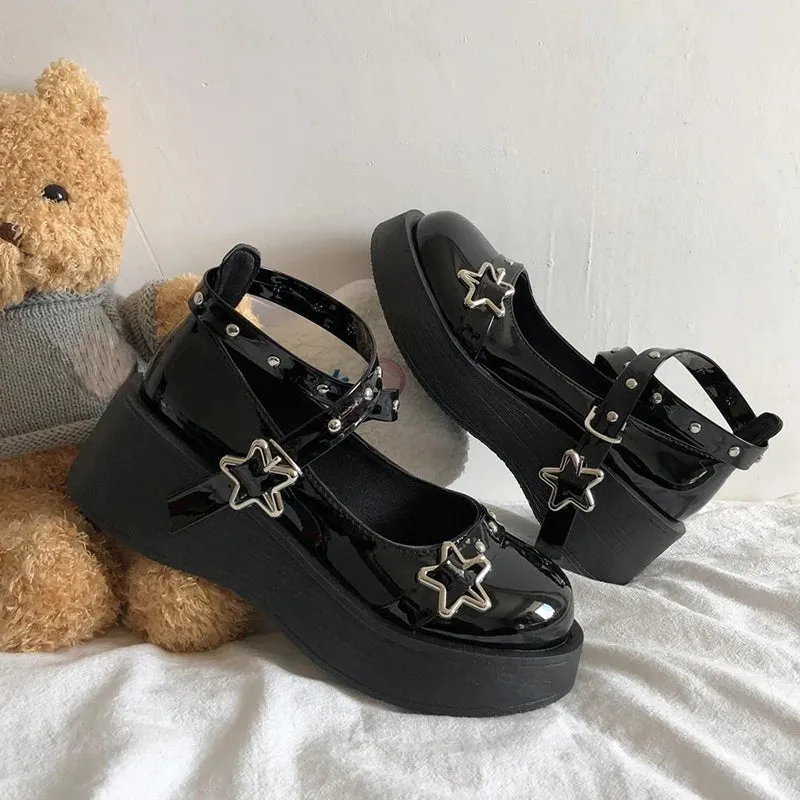 Hnzxzm Star Buckle Wedges Platform Lolita Shoes Women Rivet Chunky Heels Mary Janes Woman Ankle Strap Gothic Student Shoes