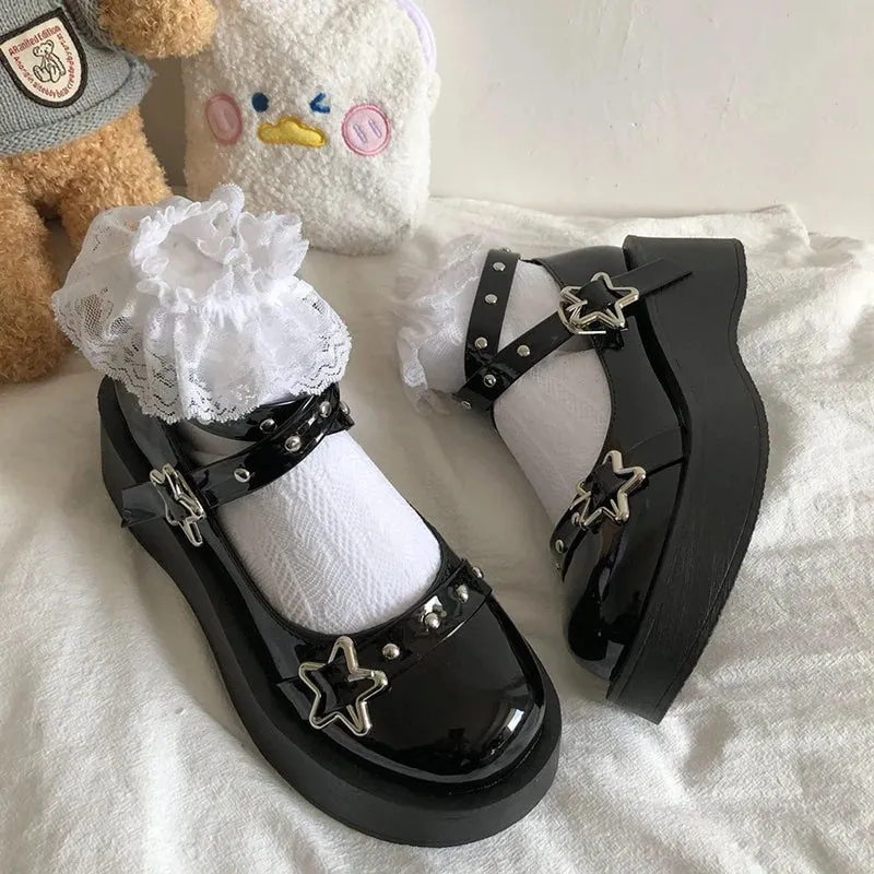 Hnzxzm Star Buckle Wedges Platform Lolita Shoes Women Rivet Chunky Heels Mary Janes Woman Ankle Strap Gothic Student Shoes