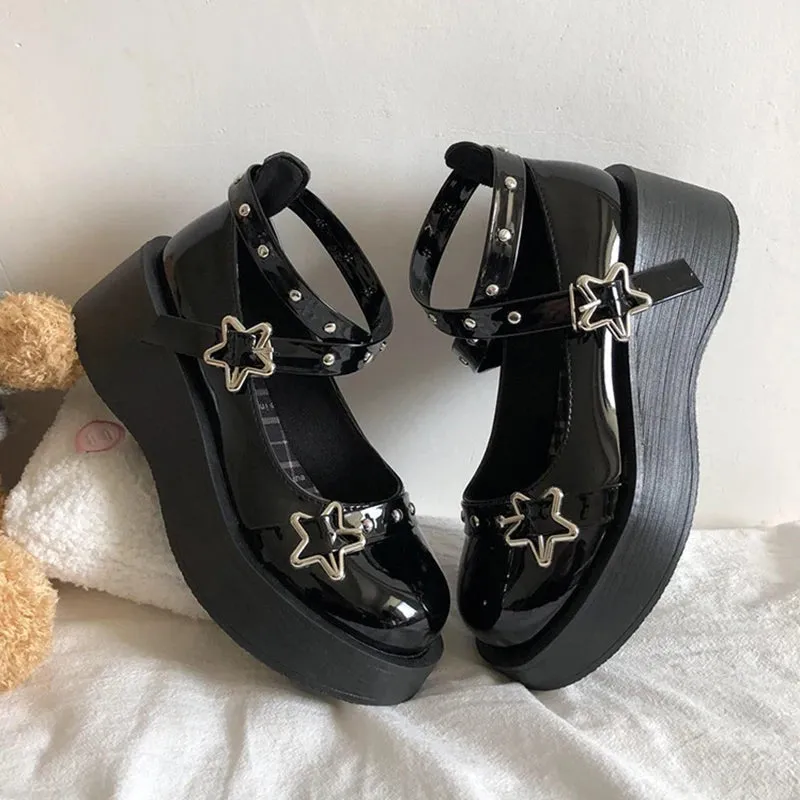 Hnzxzm Star Buckle Wedges Platform Lolita Shoes Women Rivet Chunky Heels Mary Janes Woman Ankle Strap Gothic Student Shoes