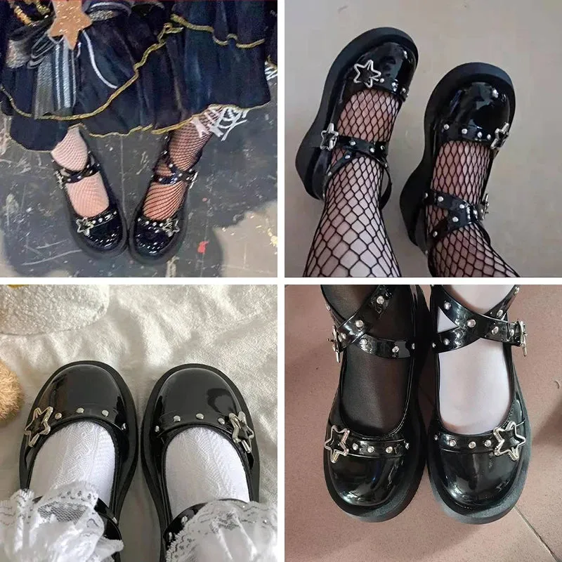 Hnzxzm Star Buckle Wedges Platform Lolita Shoes Women Rivet Chunky Heels Mary Janes Woman Ankle Strap Gothic Student Shoes