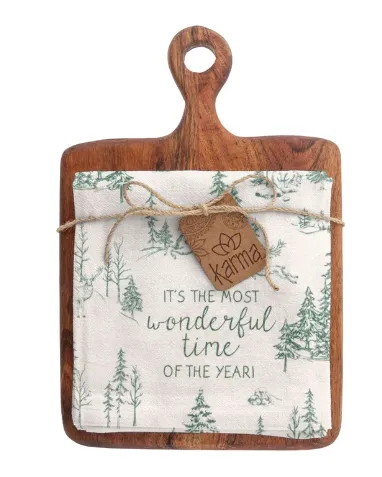 Holiday Cutting Board w/Green Toile Towel