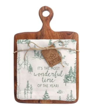 Holiday Cutting Board w/Green Toile Towel