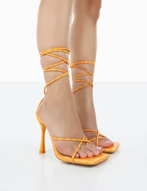 Imogen Orange Croc Square Toe Strappy Lace Up Heels