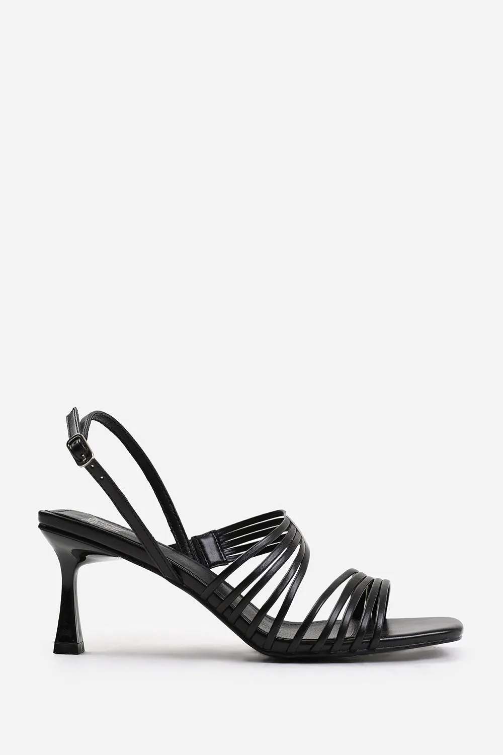 LUISA SQUARE TOE LOW BLOCK SLINGBACK HEEL WITH MULTI STRAP DETAIL IN BLACK FAUX LEATHER