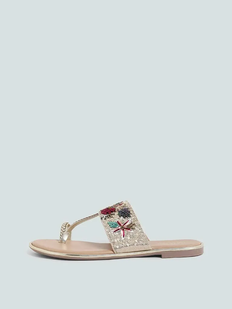 LUNA BLU Beige Floral Embroidered Kolhapur Leather Sandals