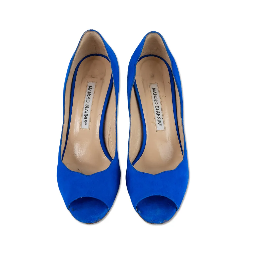 Manolo Blahnik Cobalt Blue Suede Peep Toe Heels