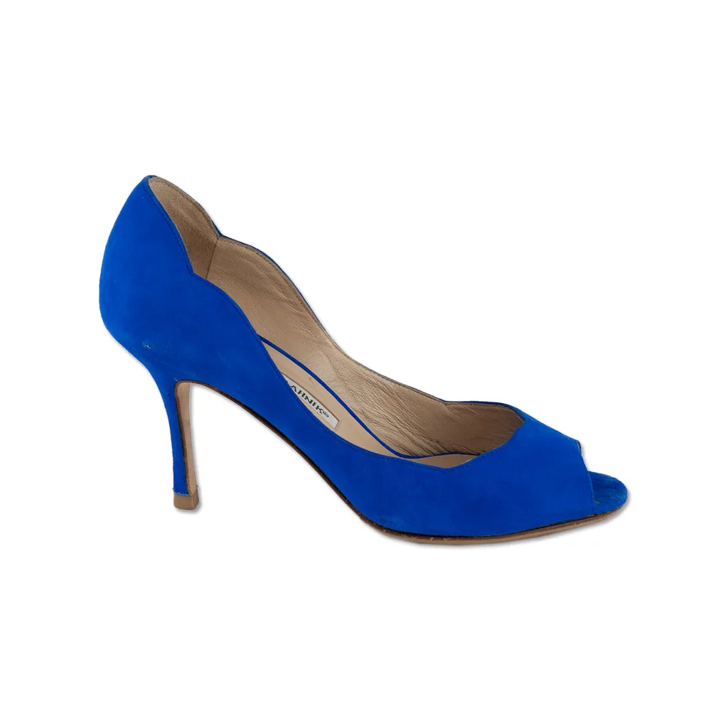 Manolo Blahnik Cobalt Blue Suede Peep Toe Heels