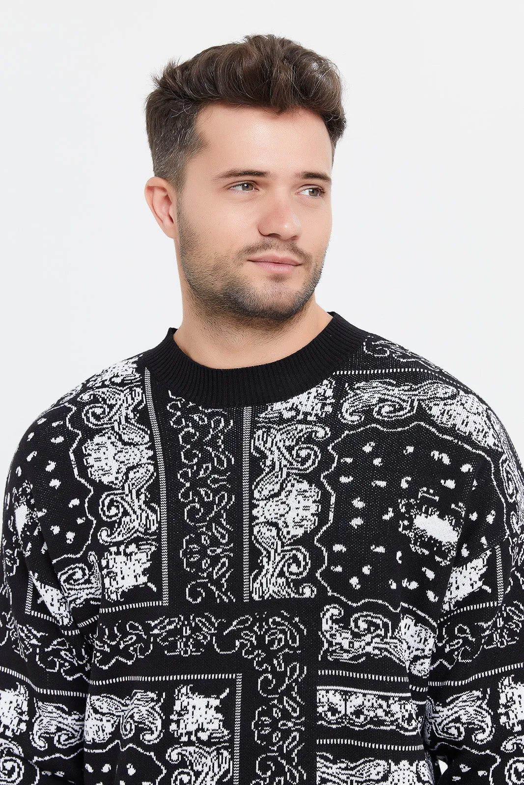 Men Black Paisley Intarsia Knitted Pullover