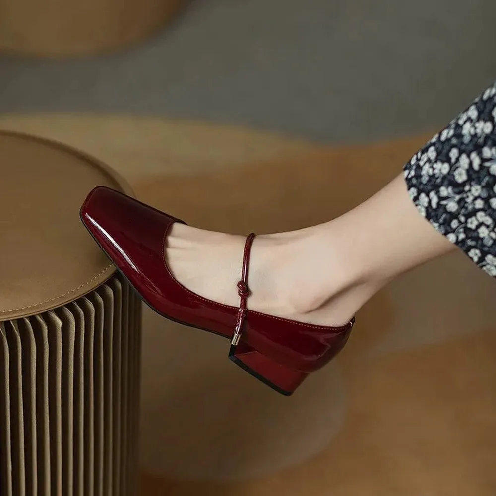 Merendy Kendo Med block Heeled Platform Leather Burgundy Mary Jane Pumps