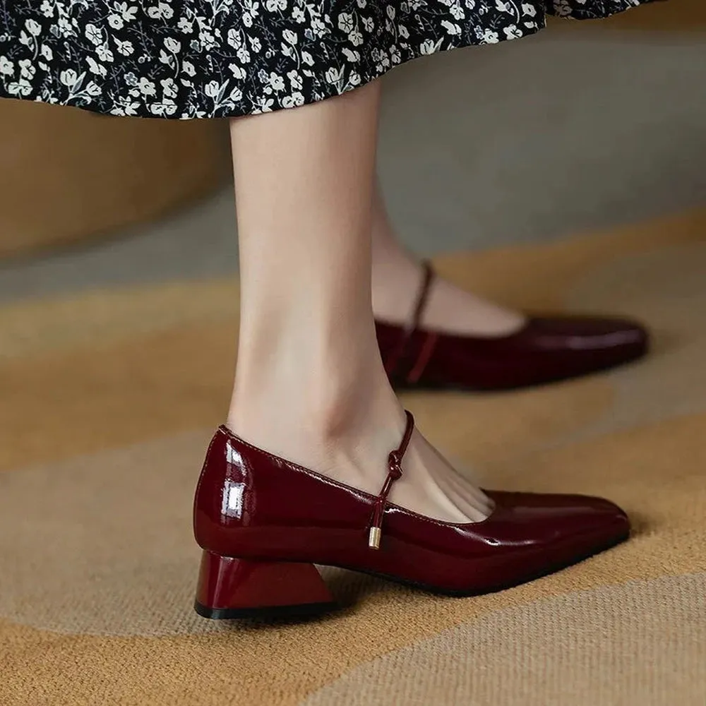 Merendy Kendo Med block Heeled Platform Leather Burgundy Mary Jane Pumps