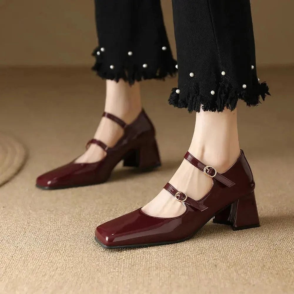 Merendy Kinfot Round Toe High Chunky Heeled Platform Mary Jane Burgundy Pumps