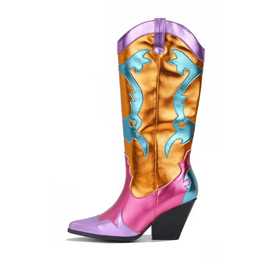 Merendy Rahma Pointed Toe western metallic cowboy boots for women