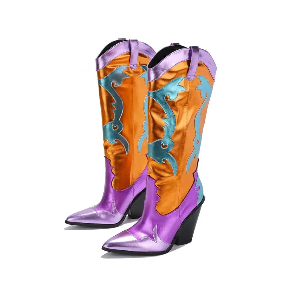 Merendy Rahma Pointed Toe western metallic cowboy boots for women