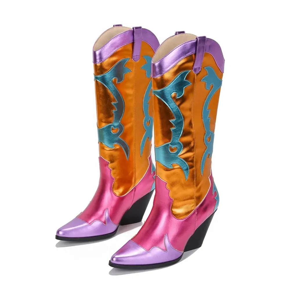 Merendy Rahma Pointed Toe western metallic cowboy boots for women