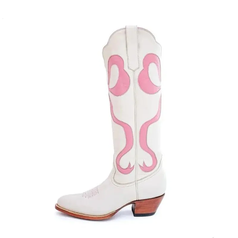 Merendy Square heel Pinky Embroidered Cowboy Boots