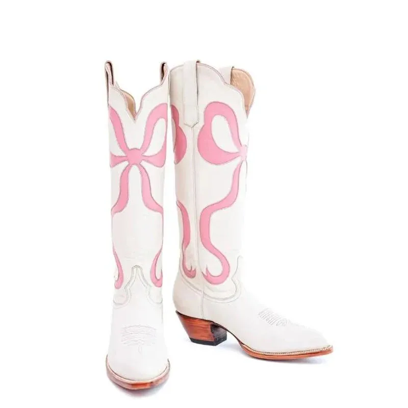 Merendy Square heel Pinky Embroidered Cowboy Boots