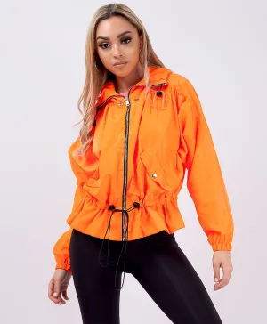 Neon Orange Drawstring Waist Windbreaker Oversize Festival Jacket