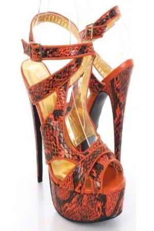 Orange Faux Leather Snake Skin Print Cut Out Peep Toe Heels