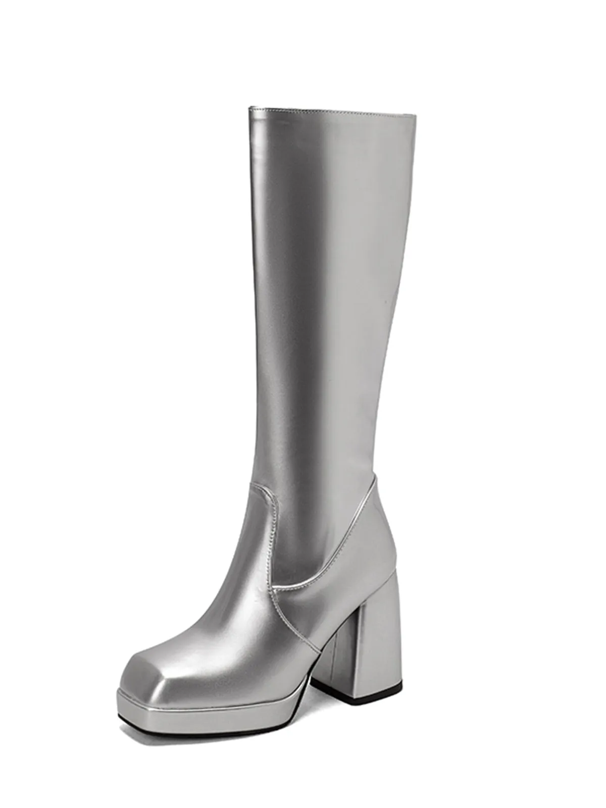 Patent Leather Round Toe Solid High Heel Boots