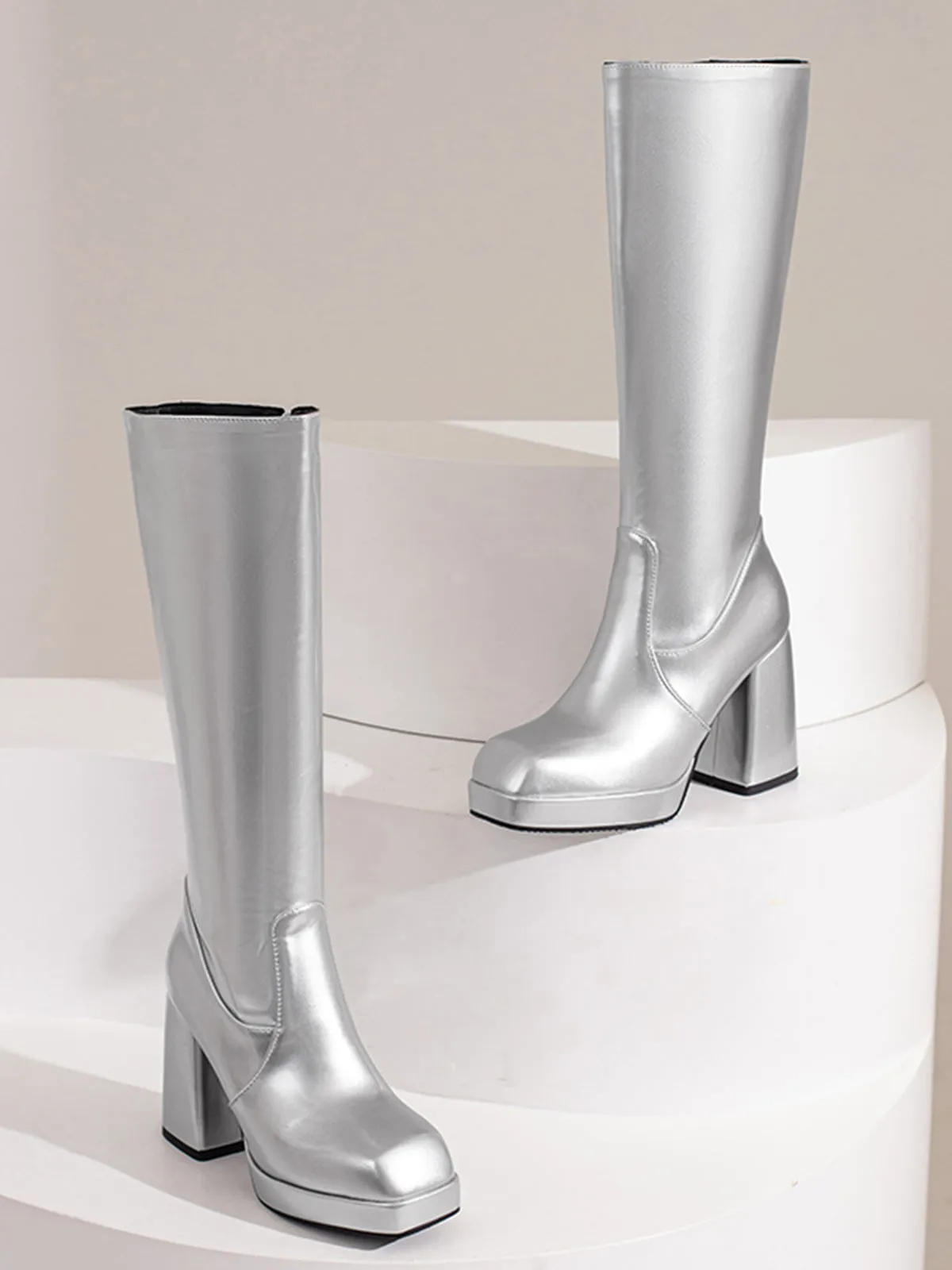 Patent Leather Round Toe Solid High Heel Boots