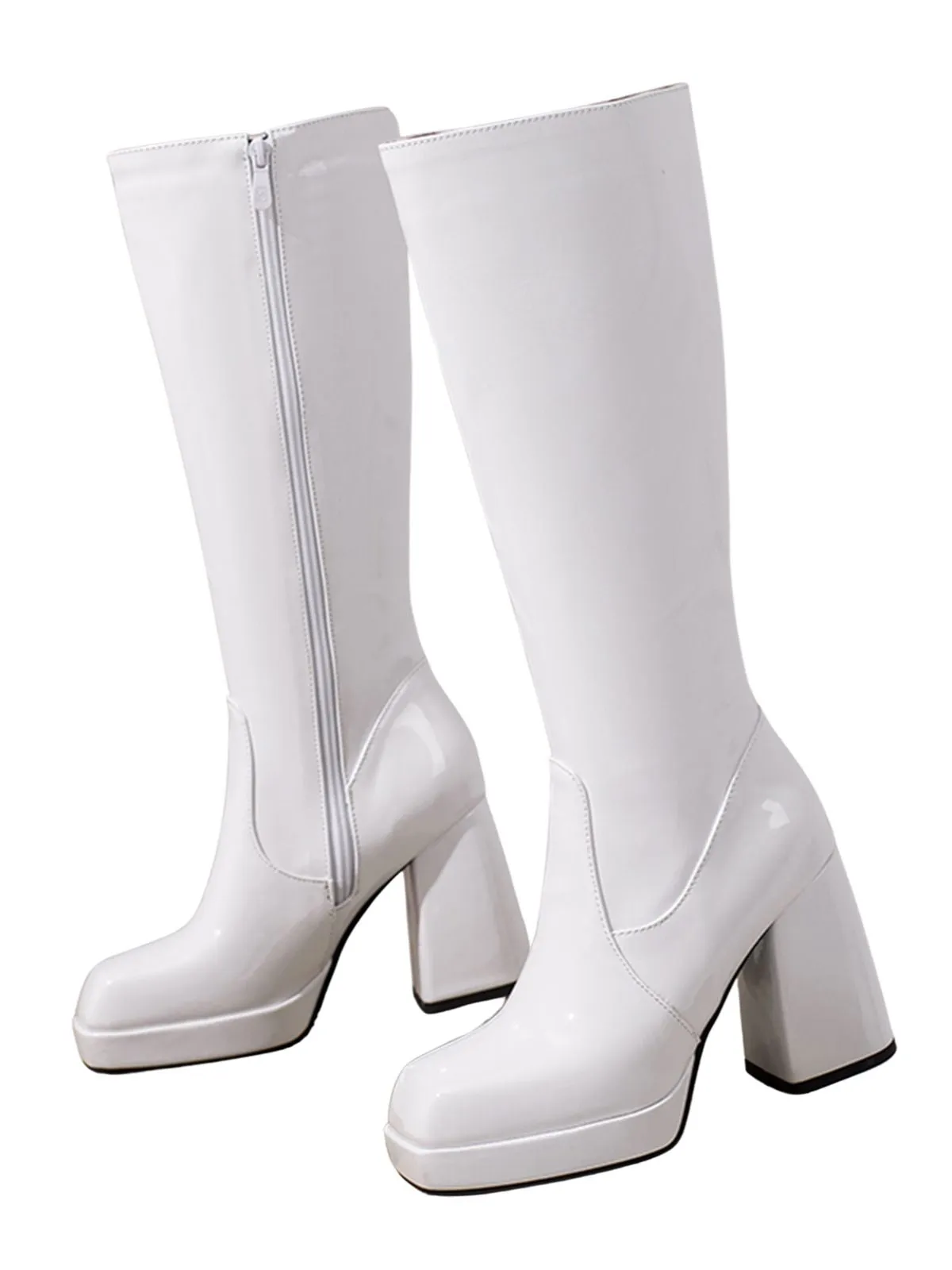 Patent Leather Round Toe Solid High Heel Boots