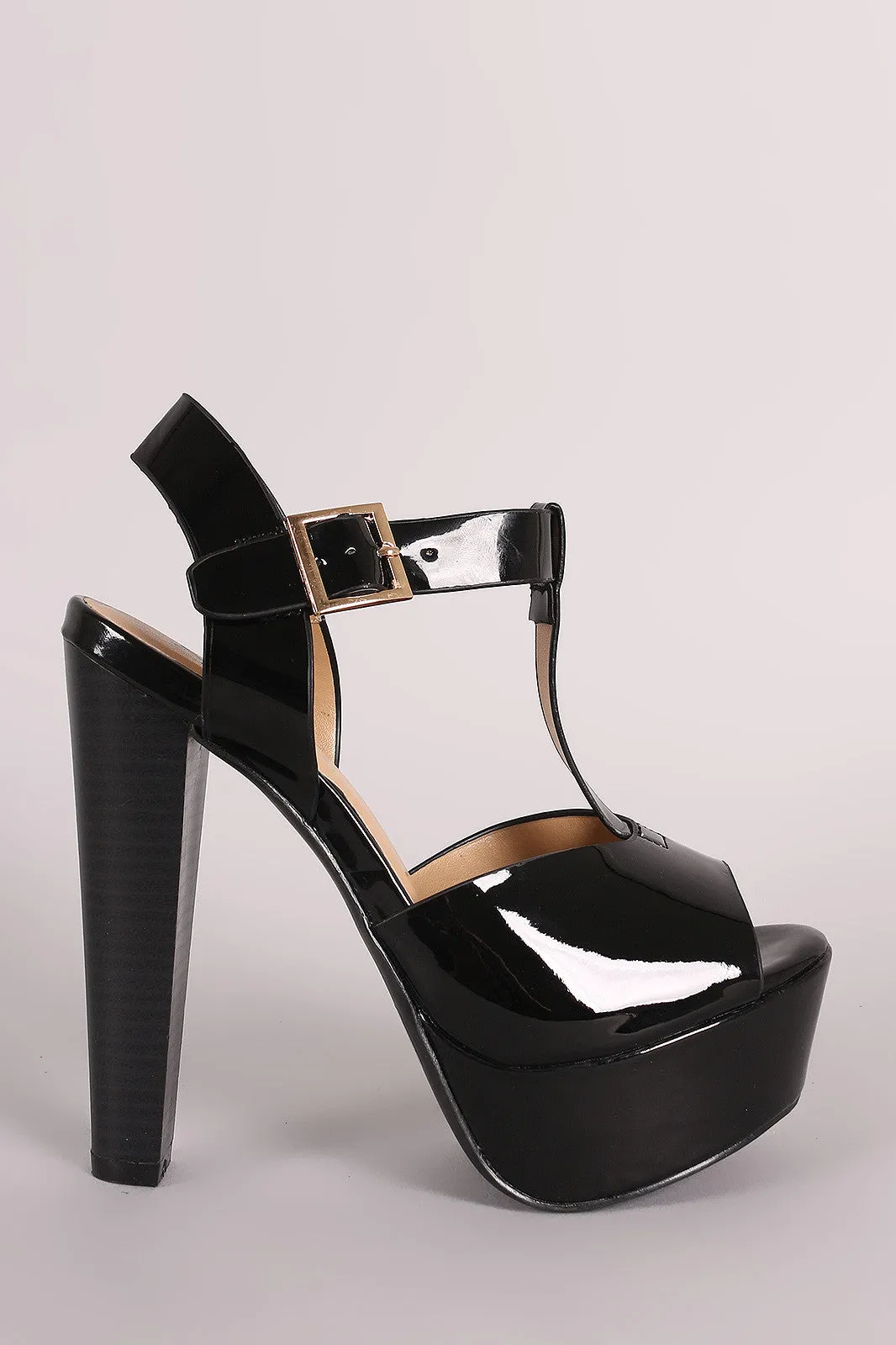 Patent T-Strap Peep Toe Chunky Platform Heel