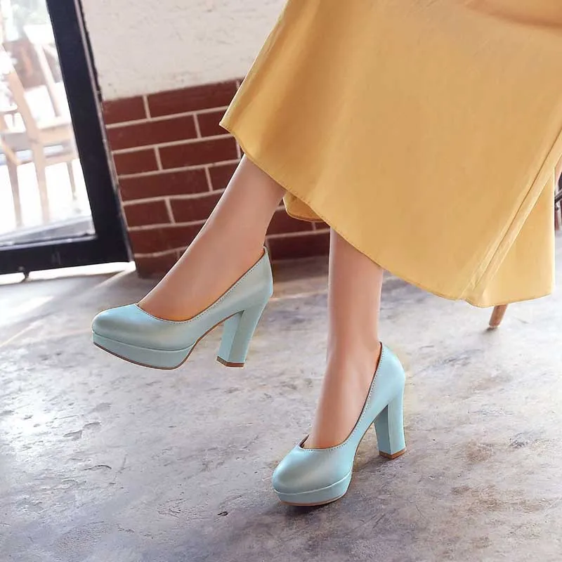 Platform Round Toe High Heel Pumps Chunky High Dress Shoes