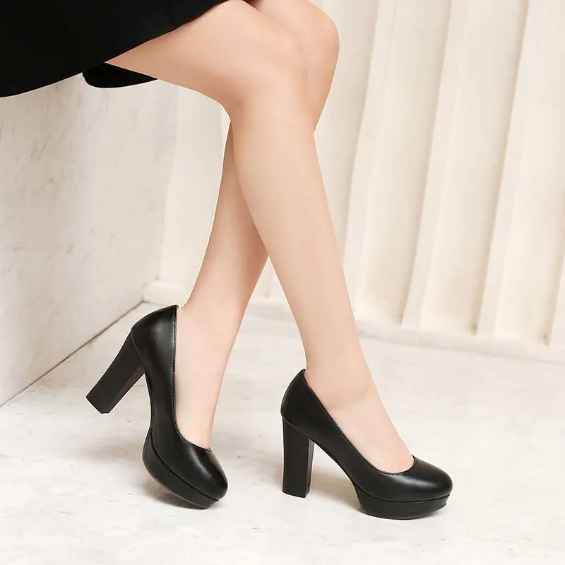 Platform Round Toe High Heel Pumps Chunky High Dress Shoes