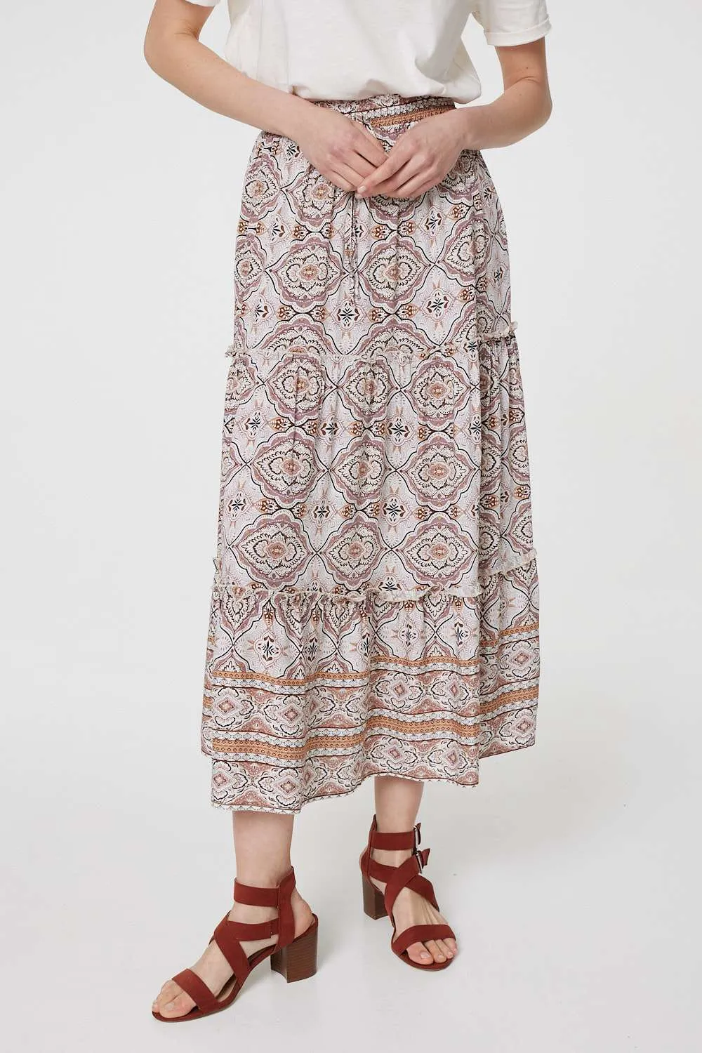 Printed Drawstring Waist Maxi Skirt