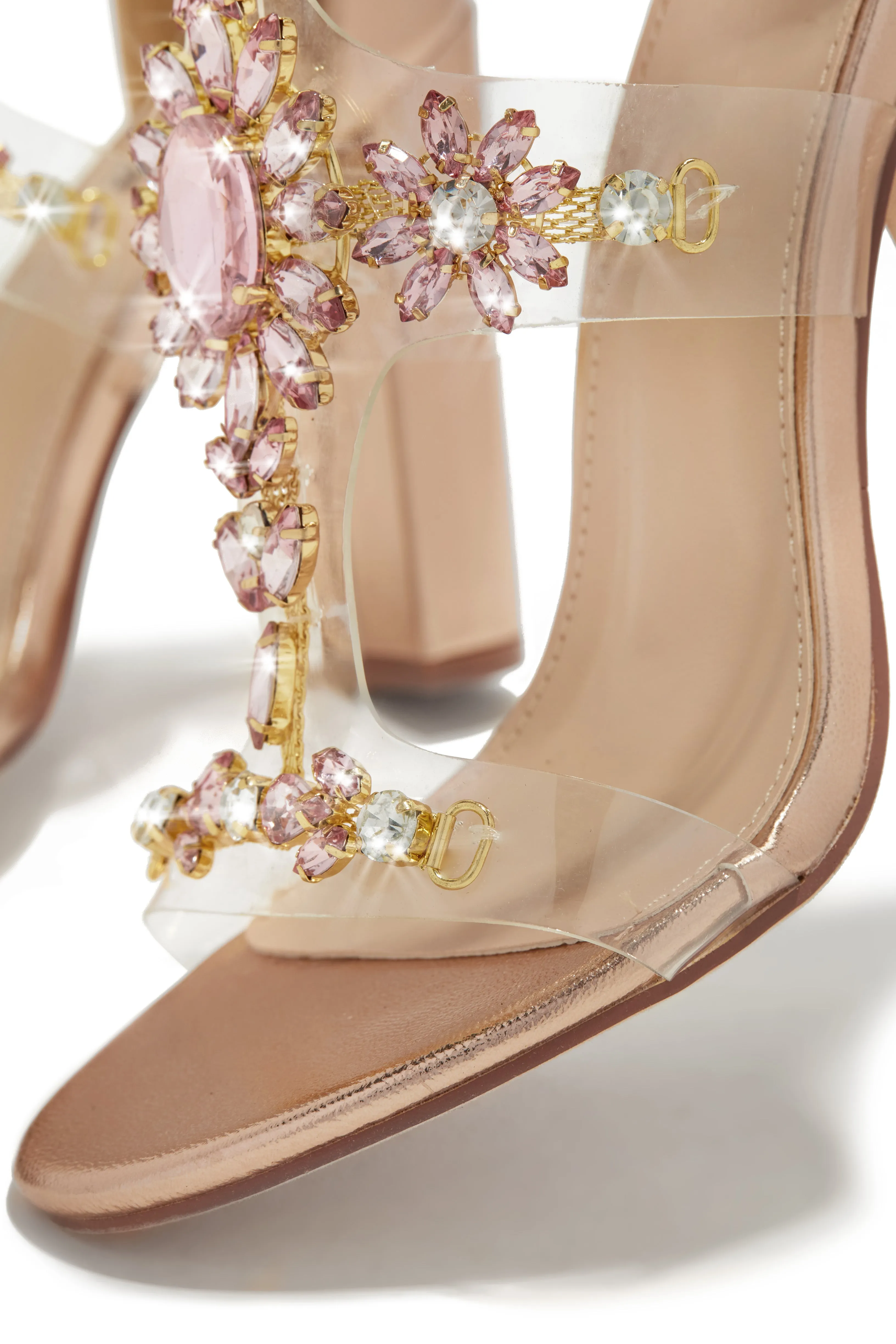 Queen Energy Embellished Clear Strap High Heels - Rose Gold