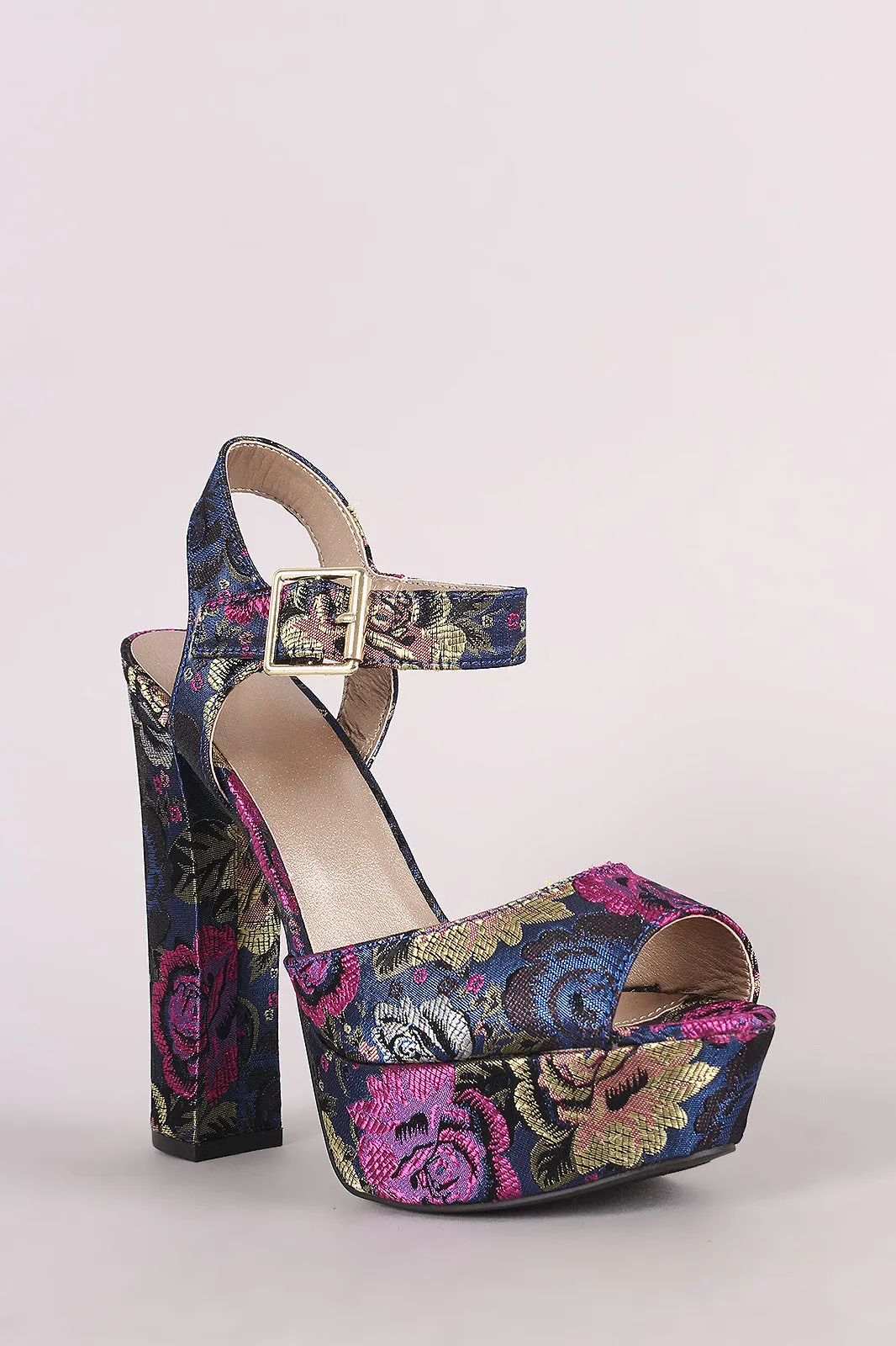 Qupid Floral Brocade Ankle Strap Chunky Platform Heel