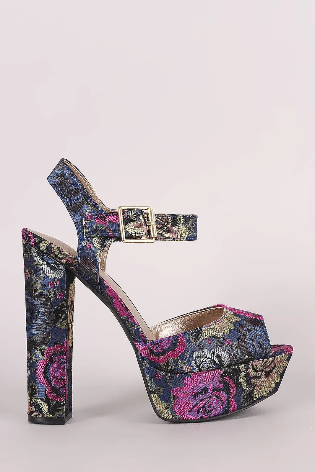 Qupid Floral Brocade Ankle Strap Chunky Platform Heel