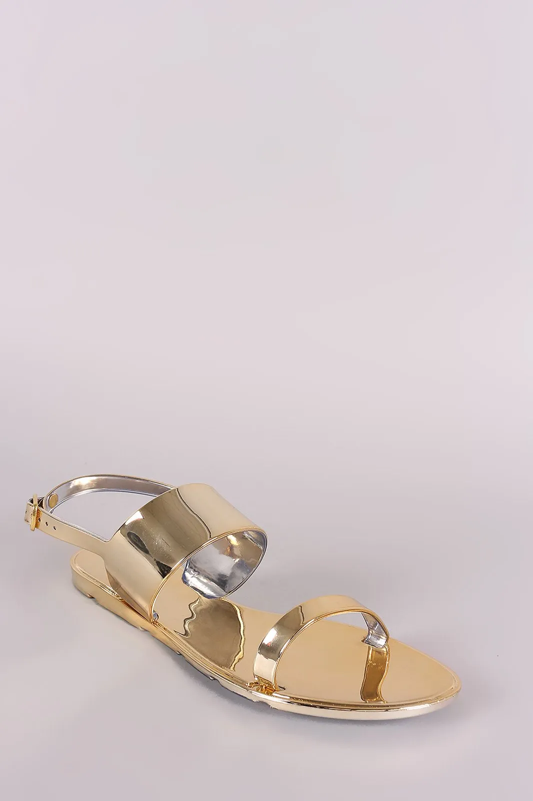 Qupid Metallic Double Band Slingback Jelly Flat Sandal