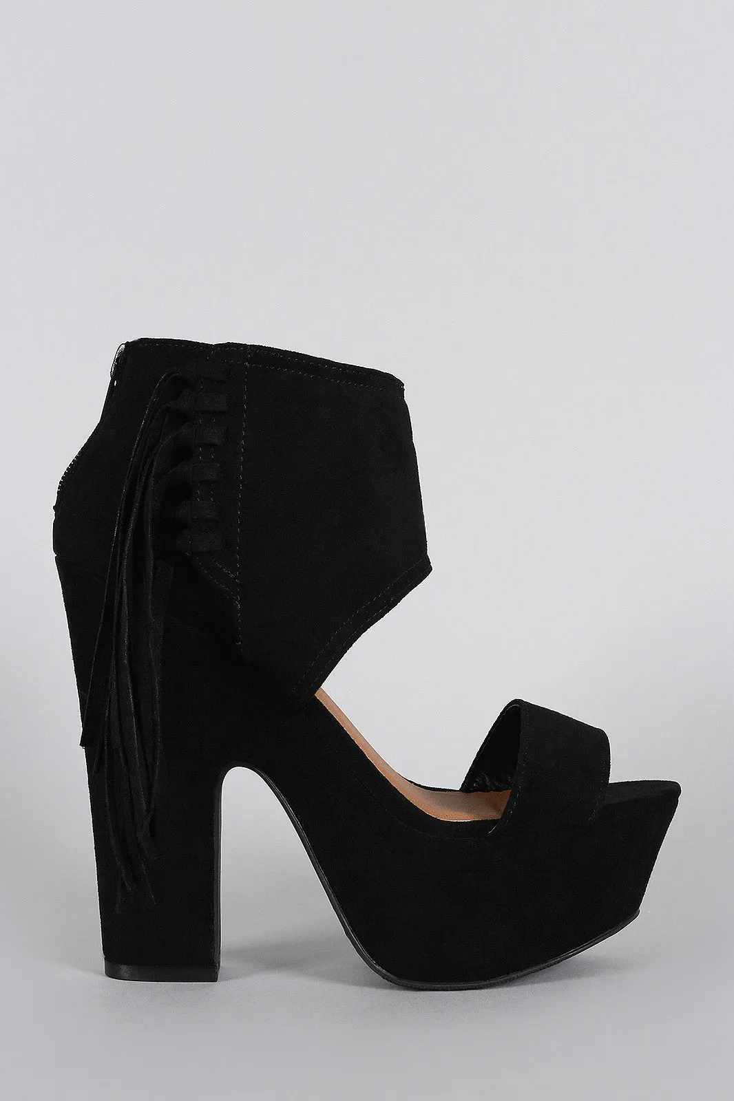 Qupid Suede Side Fringe Peep Toe Chunky Platform Heel