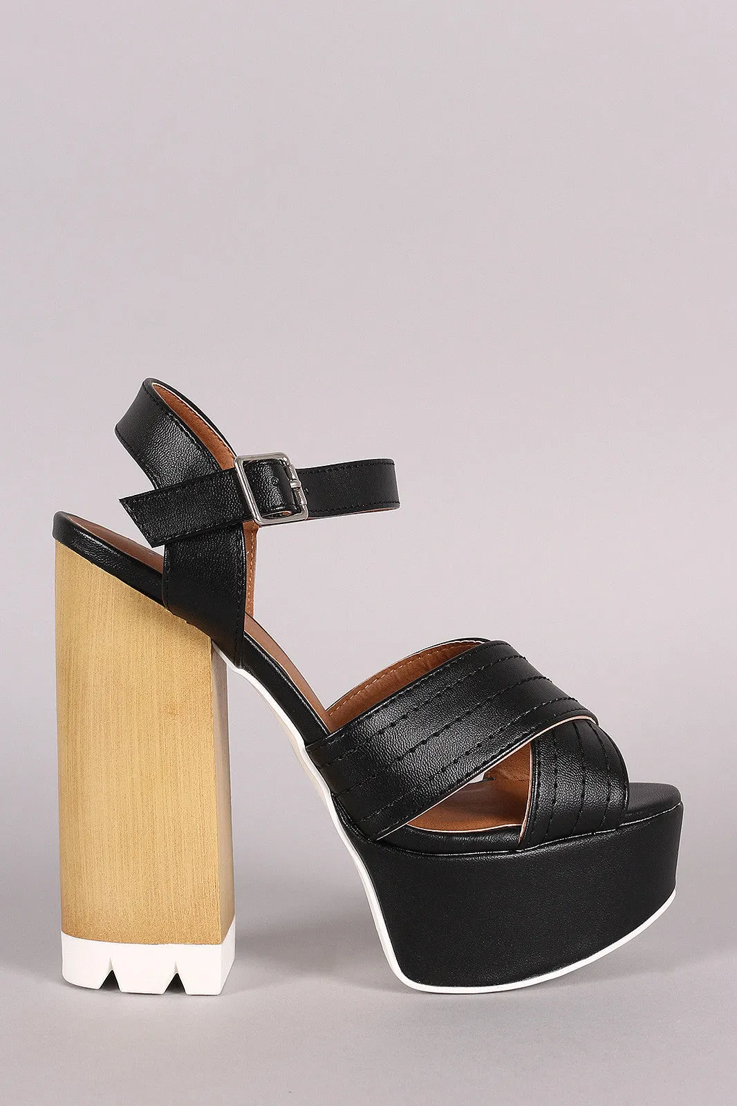 Qupid X-Band Ankle Strap Faux Wooden Platform Heel