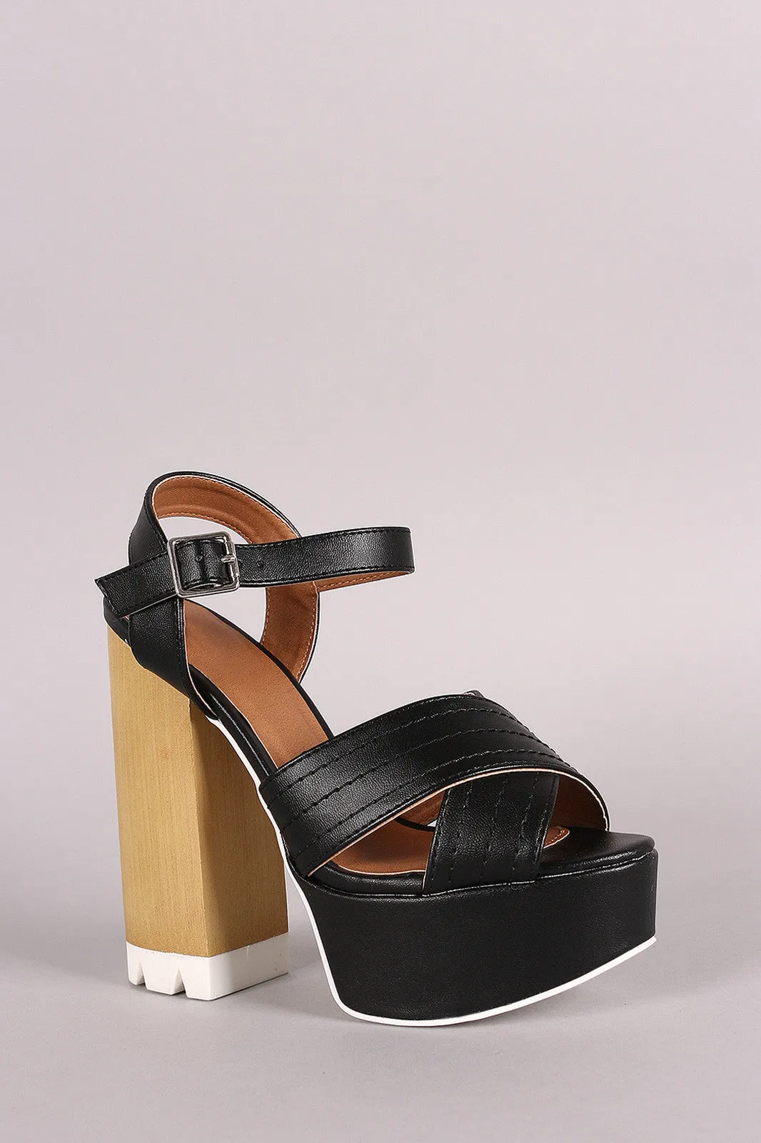 Qupid X-Band Ankle Strap Faux Wooden Platform Heel