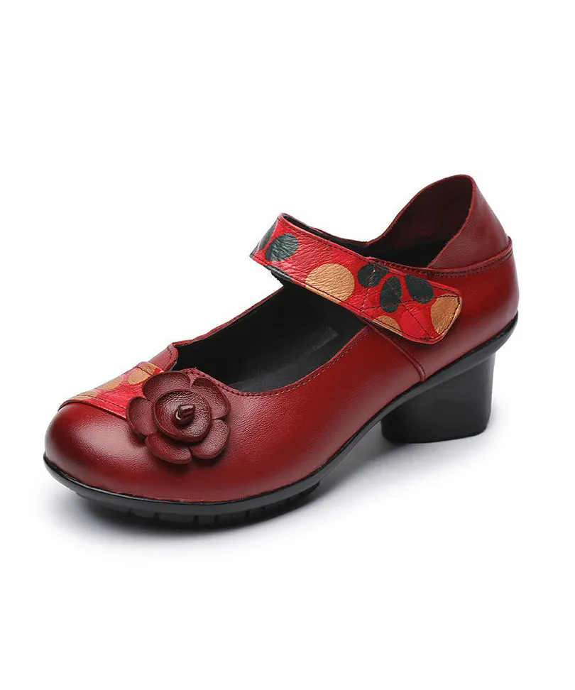 Red Chunky Heel Cowhide Leather Fitted Splicing Floral