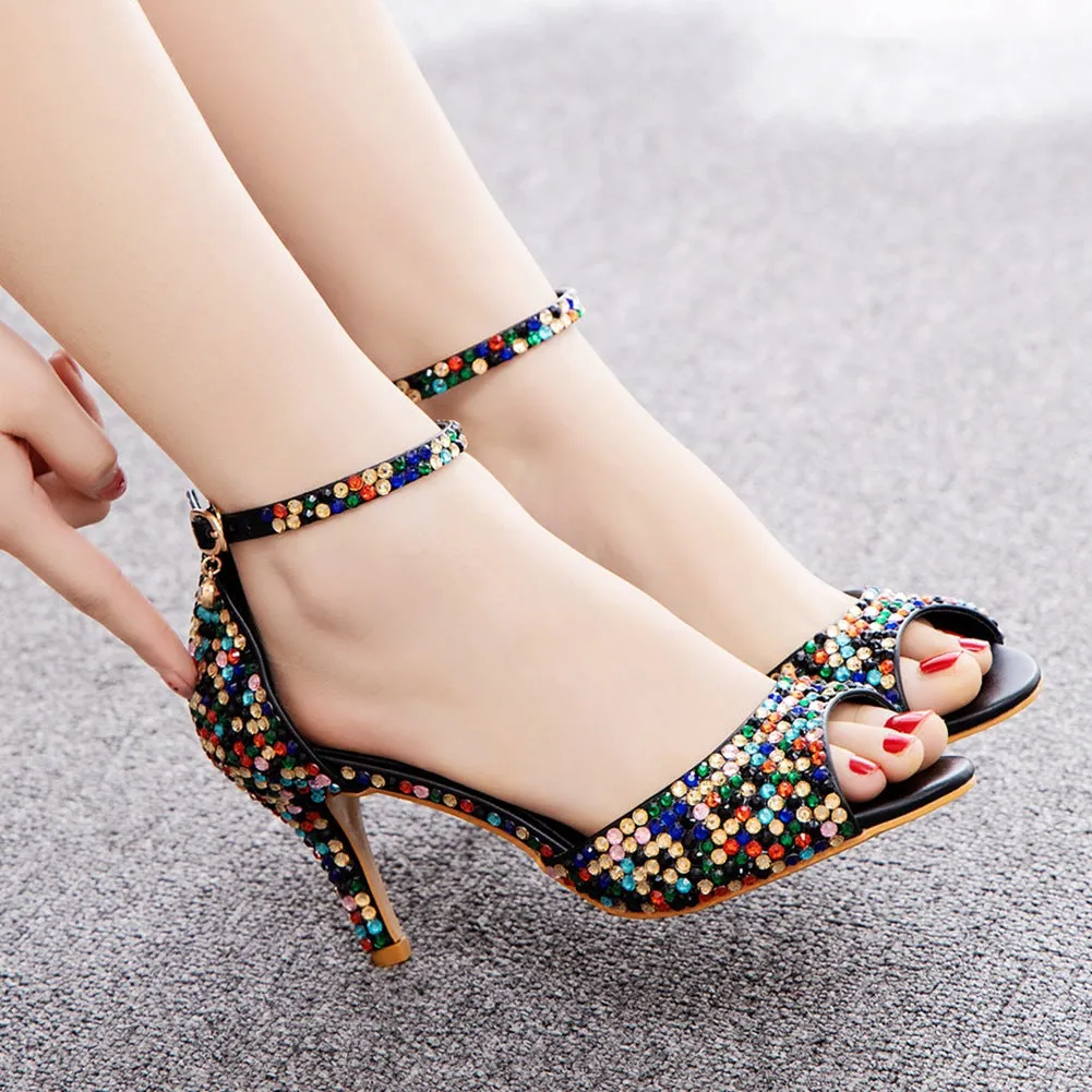 Rhinestone Shallow Peep Toe Ankle Strap High Heel Sandals