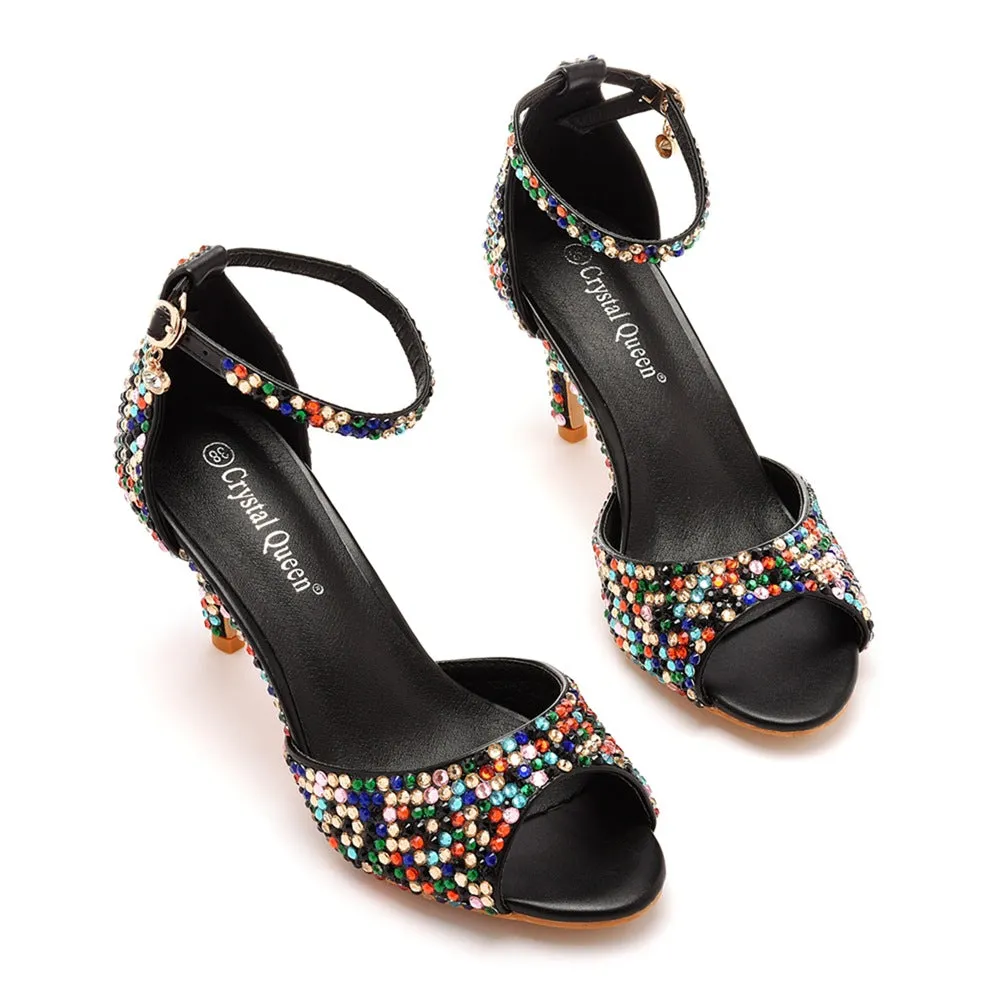 Rhinestone Shallow Peep Toe Ankle Strap High Heel Sandals