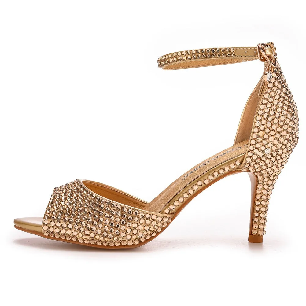 Rhinestone Shallow Peep Toe Ankle Strap High Heel Sandals