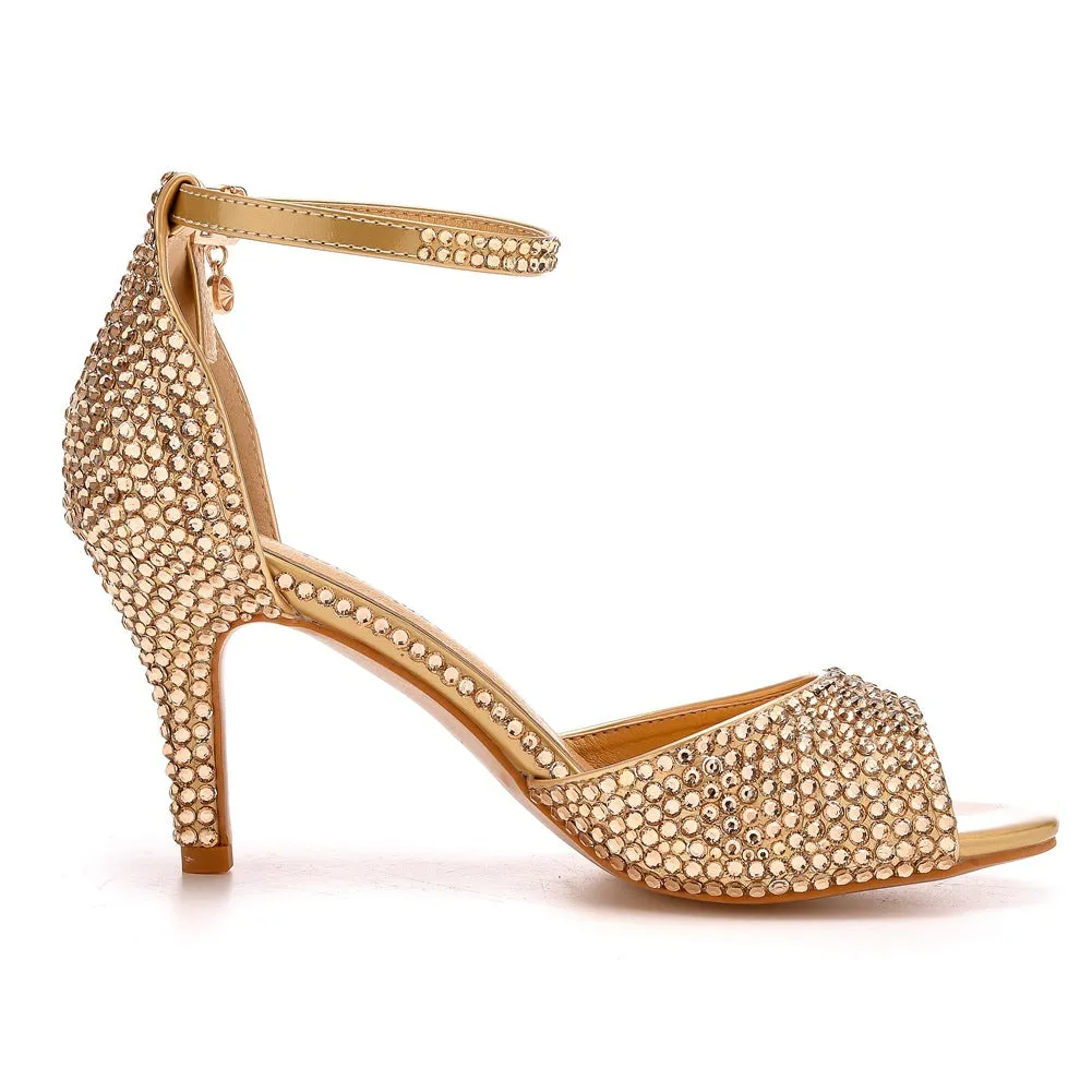 Rhinestone Shallow Peep Toe Ankle Strap High Heel Sandals