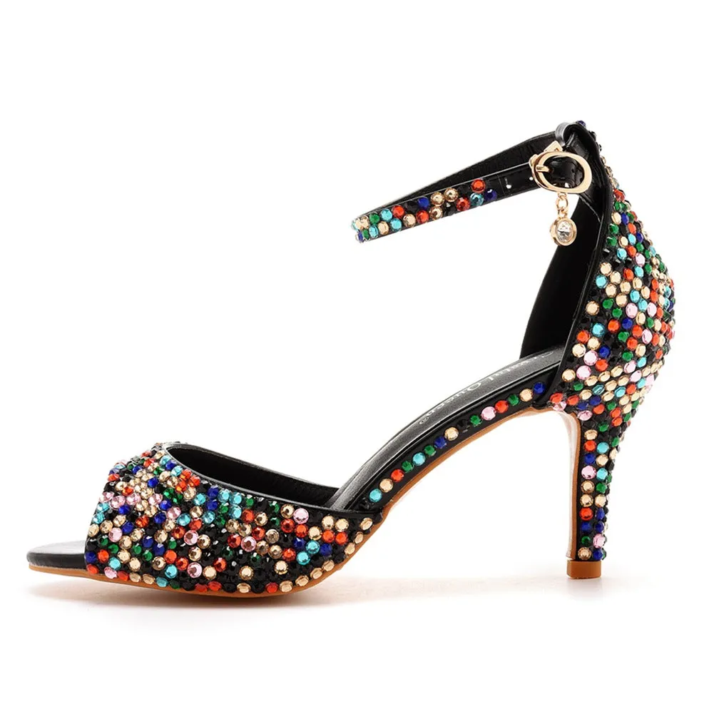 Rhinestone Shallow Peep Toe Ankle Strap High Heel Sandals