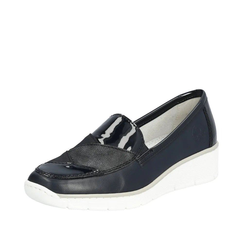 Rieker 53785-14 Doris Ladies Navy Blue Leather Slip On Loafers