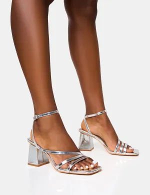 Robin Silver Strappy Square Toe Mid Block Heels