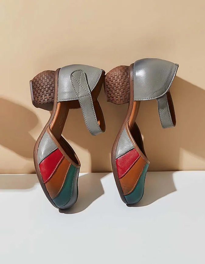 Round Head Colorful Retro Chunky Heels Sandals