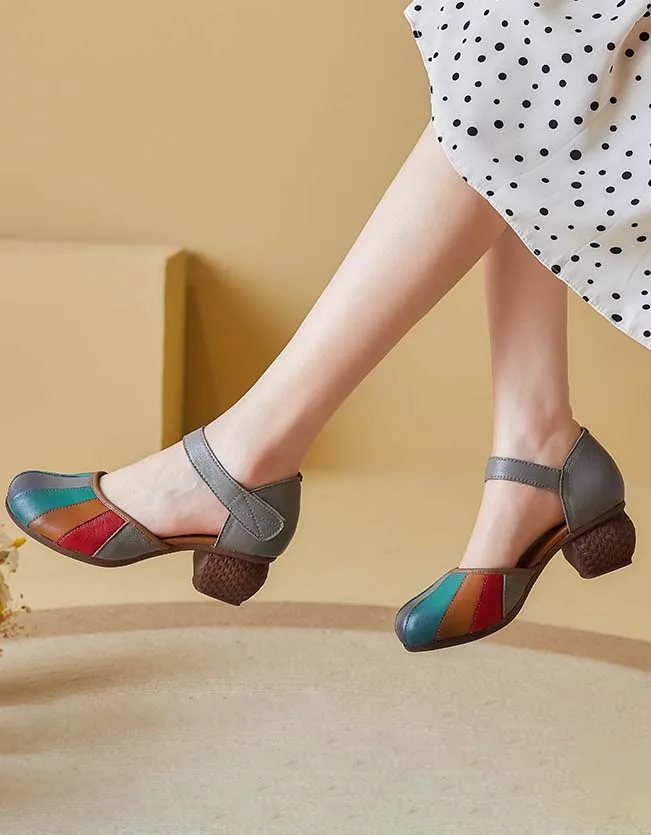 Round Head Colorful Retro Chunky Heels Sandals